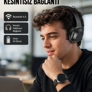 Siyah Kablosuz Bluetooth Kulaklık 300 mAh Hızlı Şarj Katlanabilir Pedli Yeni Nesil