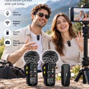 2.4G Kablosuz Çift Mikrofonlu Yaka Mikrofonu İçerik Üretim Seti
