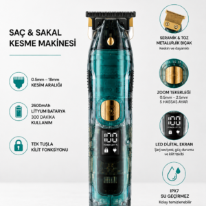 Saç ve Sakal Kesme Makinesi LED Ekranlı Profesyonel 5 Adet Uzunluk Ayarı