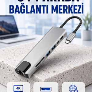 Seyahat Dostu 8‑in‑1 Hub – Şarj & Veri & Video & Ağ için Eksiksiz Çözüm (Kopya)