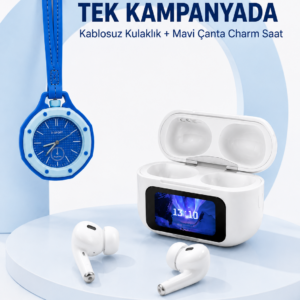 Ekranlı Kablosuz Kulaklık ve Mavi Çanta Charm Saat Kampanya Seti