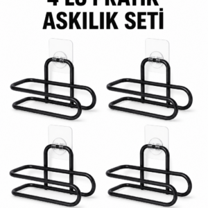 Siyah Metal WC Kağıtlık Yapışkanlı Duvar Tipi Tuvalet Kağıdı Tutucu Seti 4 Adet