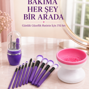 3’lü Güzellik ve Bakım Seti 12’li Mor Makyaj Fırçası Fırça Temizleme Cihazı ve Manikür Pedikür Tırnak Bakım Seti