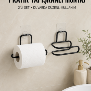 2 Adet Yapışkanlı WC Kağıtlık Siyah Metal Pratik Duvar Tipi Rulo Tutucu