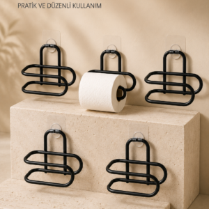 Delmeden Monte Tuvalet Kağıdı Askısı Siyah Metal Yapışkanlı Banyo Kağıtlığı 5’li Set