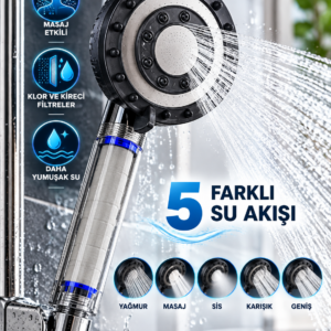 Klor ve Kireç Filtreli Duş Başlığı 5 Farklı Su Akışı Masaj Etkili Filtreli Duş Başlığı