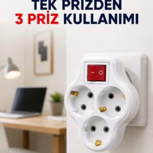 Tek Prizi 3’lü Yapan Anahtarlı Priz Adaptörü Topraklı Priz Çoğaltıcı