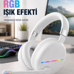 Bluetooth 5.0 Beyaz Kulak Üstü Kablosuz Kulaklık Mikrofonlu RGB Aydınlatmalı