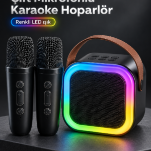 Taşıma Askılı Siyah LED Işıklı Bluetooth Hoparlör Çift Mikrofonlu Karaoke Seti