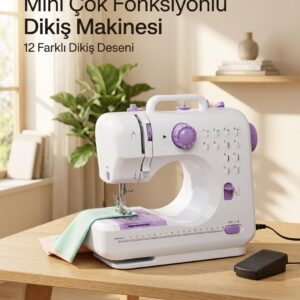 Çok Fonksiyonlu Mini Dikiş Makinesi 12 Dikiş Seçenekli 2 Kademeli Hız Ayarlı