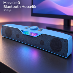 RGB Işıklı Bluetooth 5.4 Masaüstü Soundbar Hoparlör USB ve TF Kart Destekli Mavi