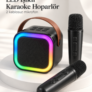 Bluetooth Bağlantılı LED Işıklı Karaoke Ses Sistemi ve İki Kablosuz Mikrofon