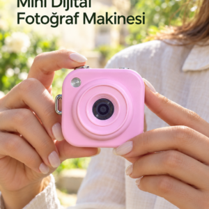 Type C Şarjlı Pembe Mini Fotoğraf Makinesi Taşıma Askılı Dijital Kamera