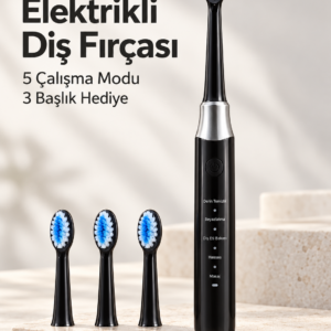 Hassas ve Masaj Modlu Siyah Elektrikli Diş Fırçası USB Şarjlı 3 Başlık Hediyeli