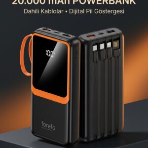 1. Çoklu Çıkışlı 20000 mAh Powerbank Entegre Kablolu Dijital Ekranlı Taşınabilir Şarj Cihazı