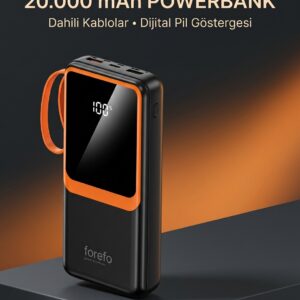 Telefon ve Mobil Cihaz Uyumlu 20000 mAh Powerbank Dahili Kablolu Dijital Göstergeli