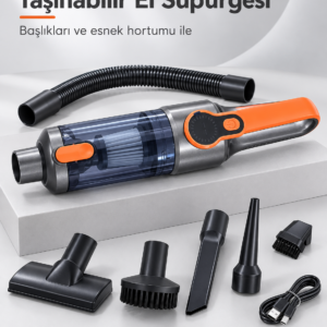 Şeffaf Toz Hazneli Gri Turuncu El Süpürgesi Temizlik Başlıkları ve USB Şarj Kablolu