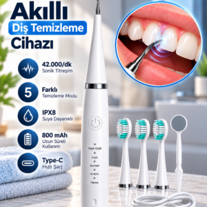1. Taşınabilir Akıllı Diş Temizleme Cihazı Ayarlanabilir 5 Kademe Type C Şarjlı Sonic Temizleme