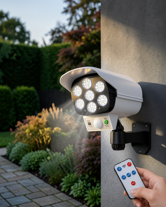 Güneş Enerjili Güvenlik Lambası ve Kukla Kamera 77 LED 2400mAh