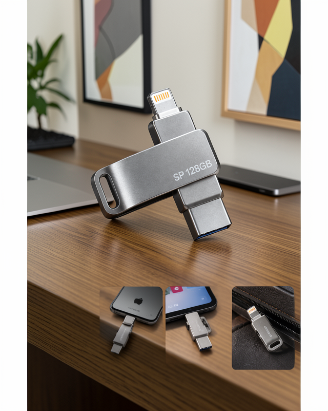 128GB USB Flash Bellek Lightning ve Type C Girişli