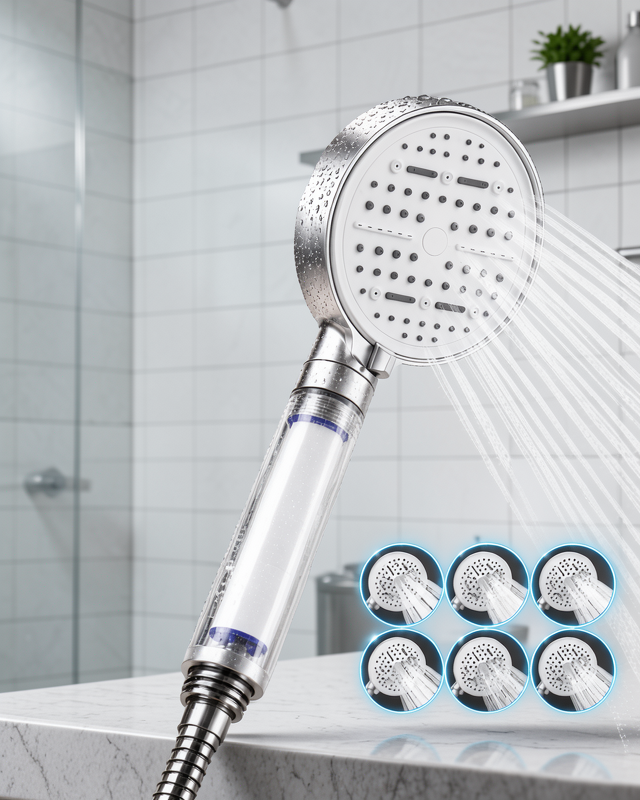 6 Modlu Filtreli Duş Başlığı Büyük Boy Silikon Nozullu Beyaz