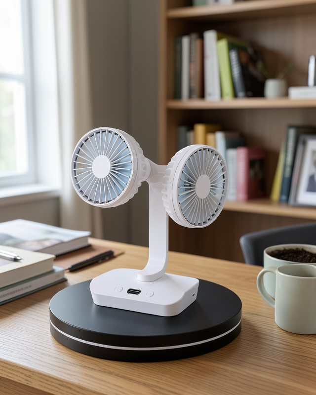 Çift Başlıklı Masaüstü Fan – Ayarlanabilir Hız, USB Şarjlı, 720° Salınım