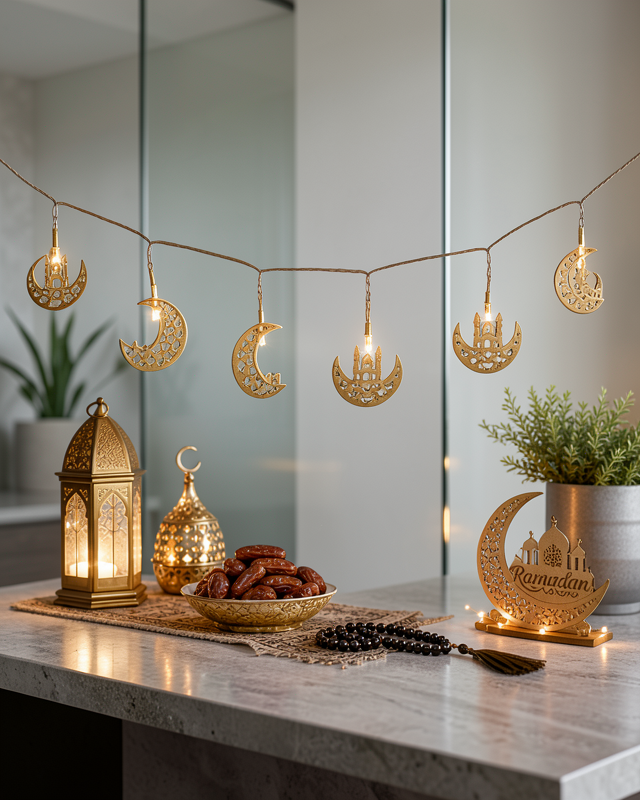 Minareli Hilal LED Işık Gold Metal 8