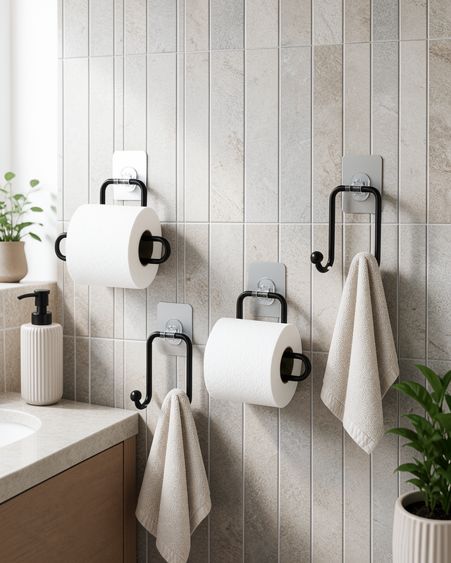 Yapışkanlı Banyo Seti 2 Rulo Tutucu 2 Havlu Askılığı