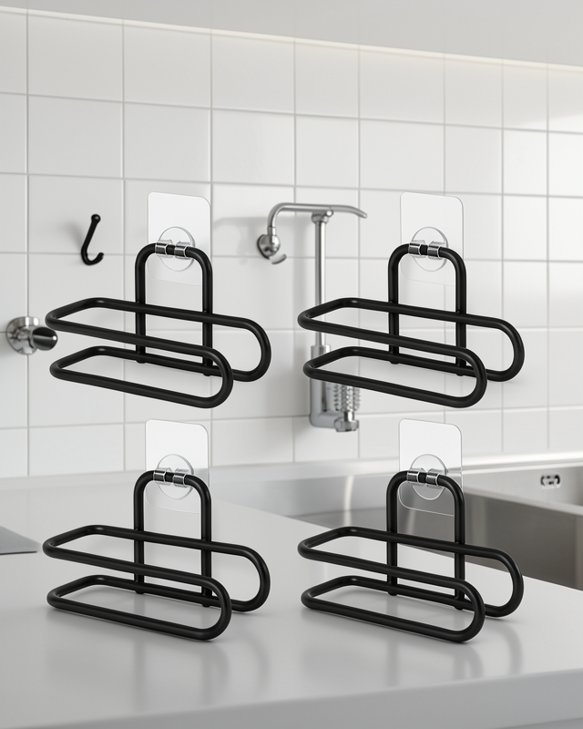 Siyah Metal WC Kağıtlık Yapışkanlı Duvar Tipi Tuvalet Kağıdı Tutucu Seti 4 Adet